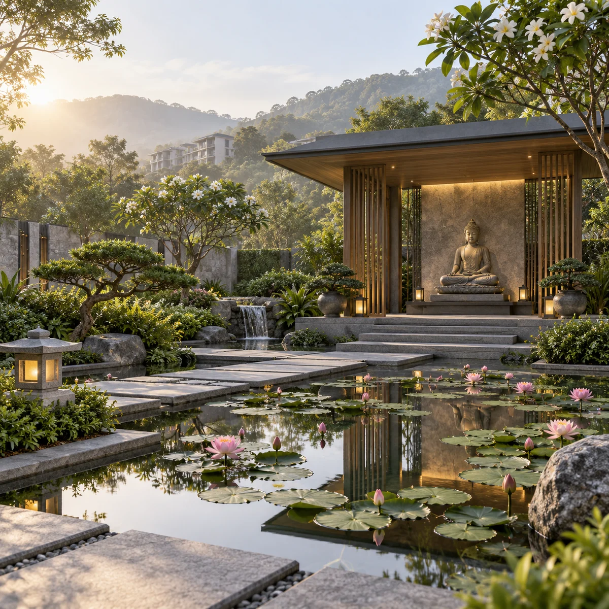 Purva Trivante Buddha pavilion and lotus pond in the Zen garden, artist's impression Purva Trivante Buddha pavilion and lotus pond in the Zen garden, artist's impression